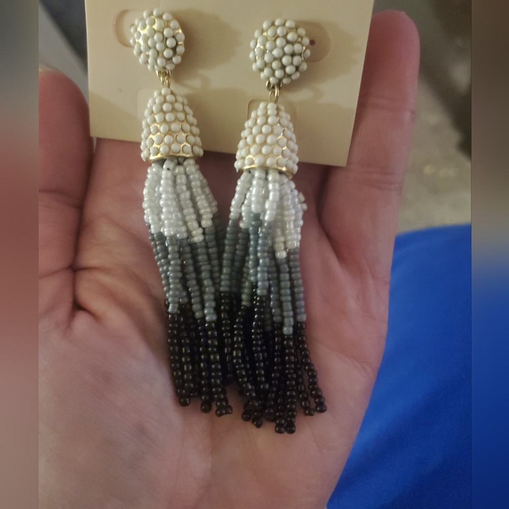BaubleBar beaded tassel earrings ombre White, Black & gray.